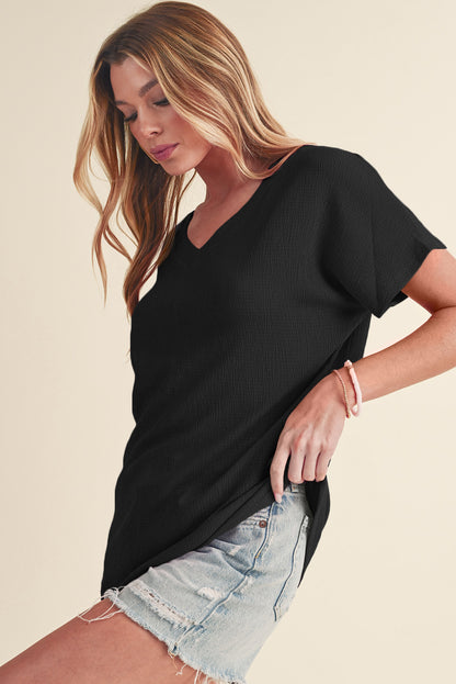 Basic Plain Textured V Neck T-Shirt