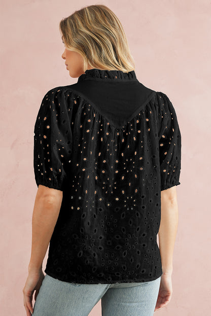 Eyelet Short Puff Sleeve Blouse