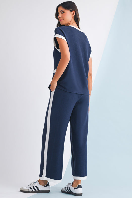 Nia Contrast Trim T-Shirt and Wide Leg Pants Set