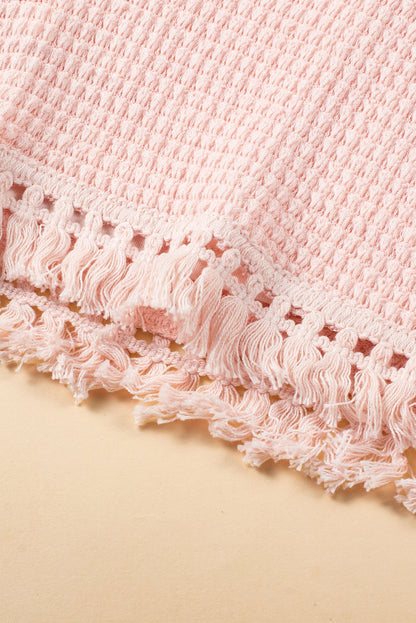 Fringe Trim Waffle Knit Textured Shorts Set