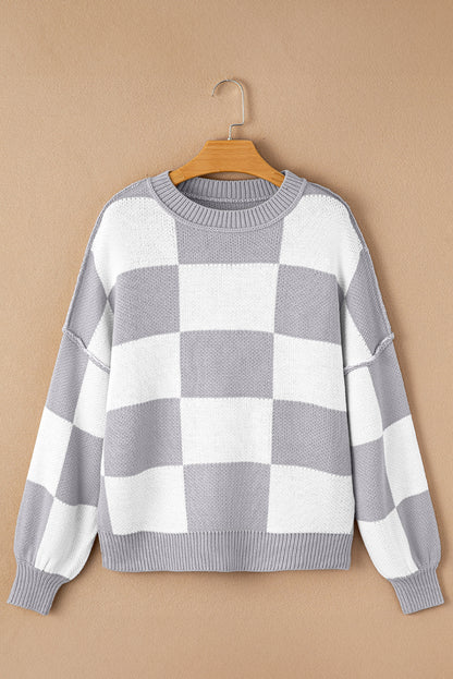 Checked Bishop Sleeve Pullover Sweater