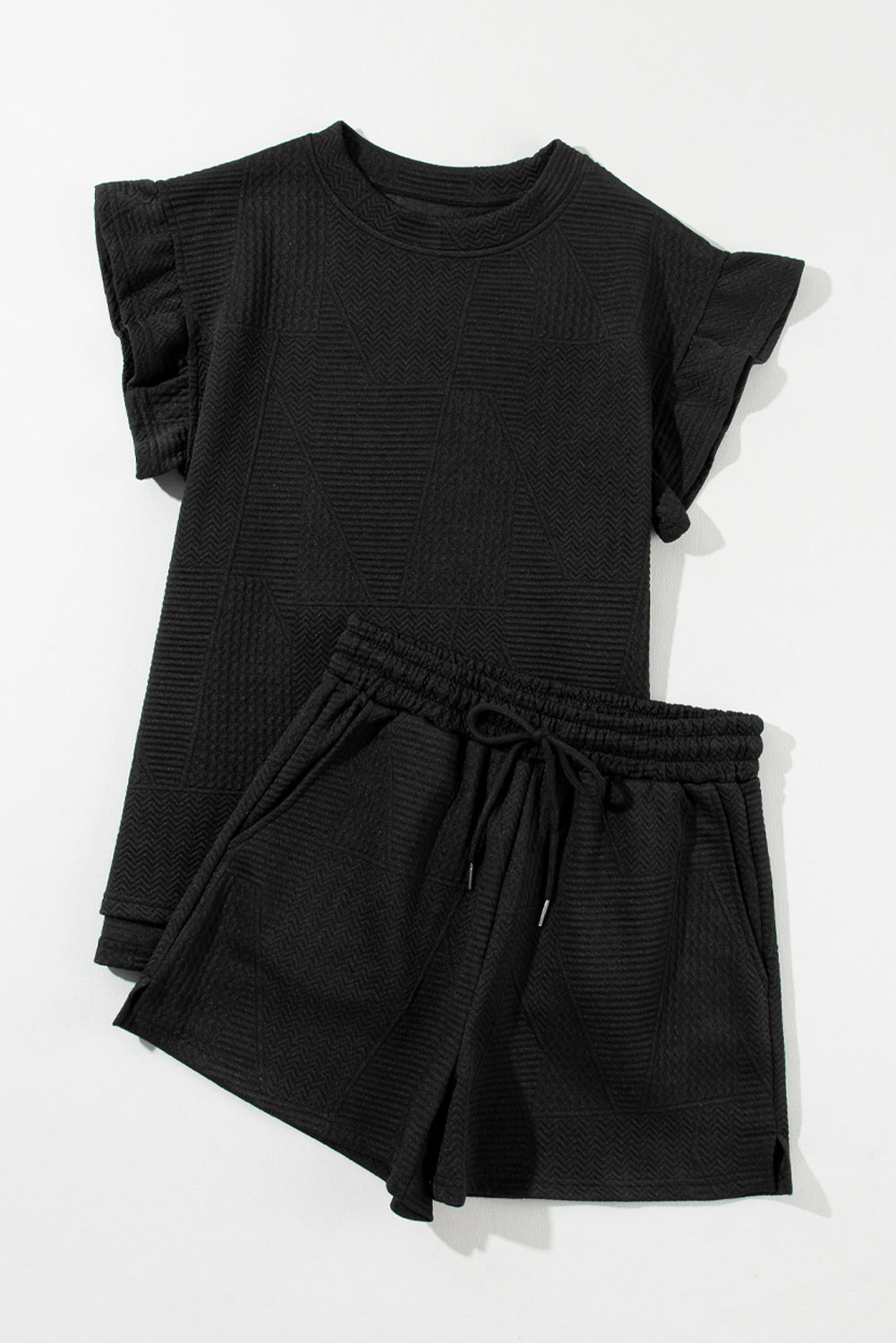 Textured Ruffle Top and Drawstring Shorts Set