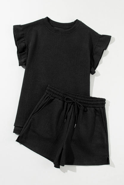 Textured Ruffle Top and Drawstring Shorts Set