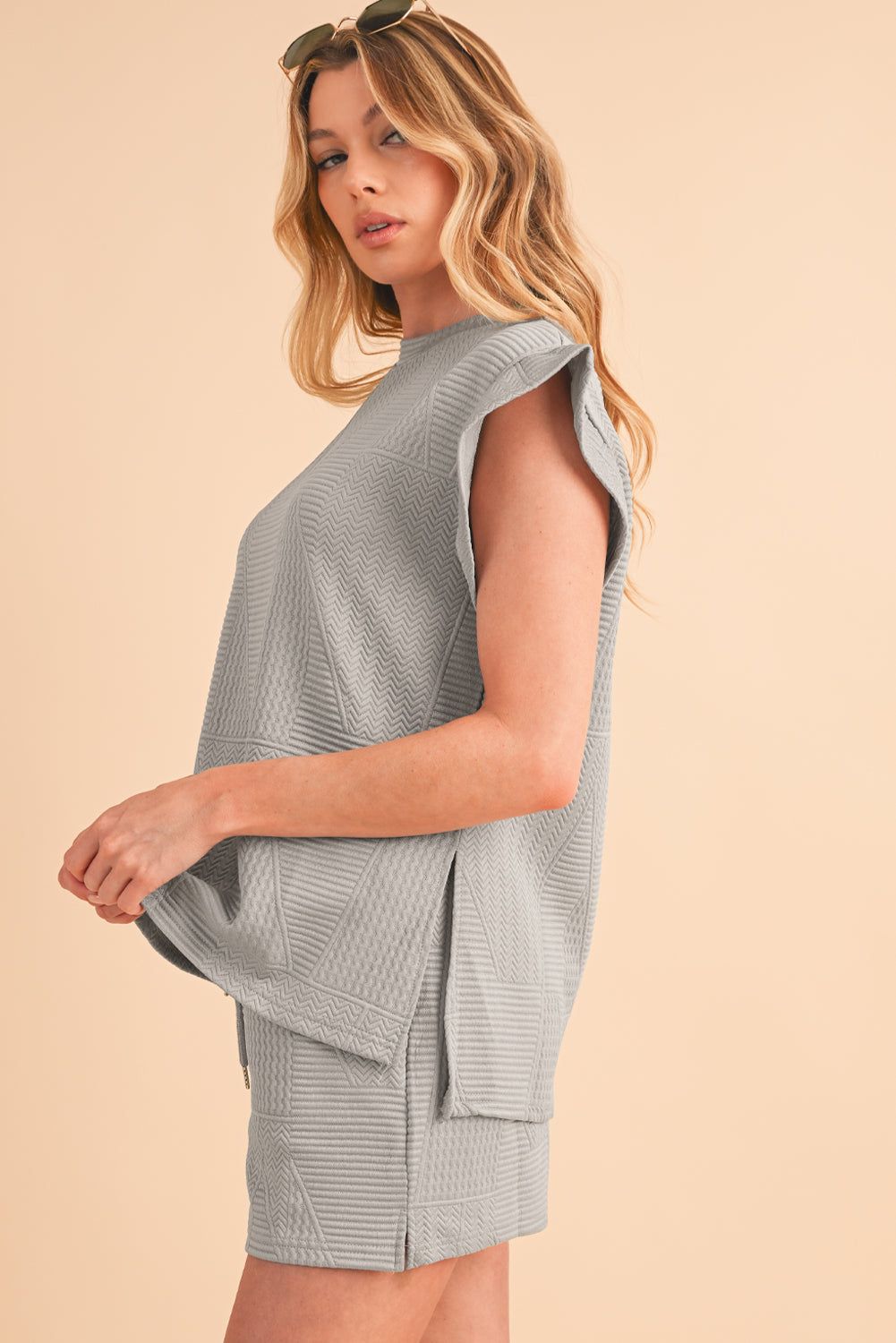 Textured Ruffle Top and Drawstring Shorts Set