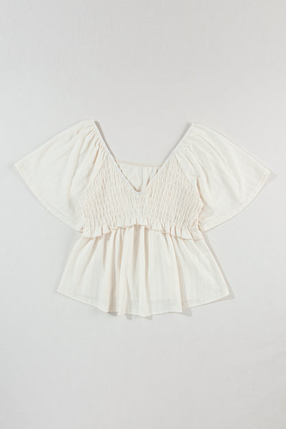 Smocked V-Neck Flutter Sleeve Blouse